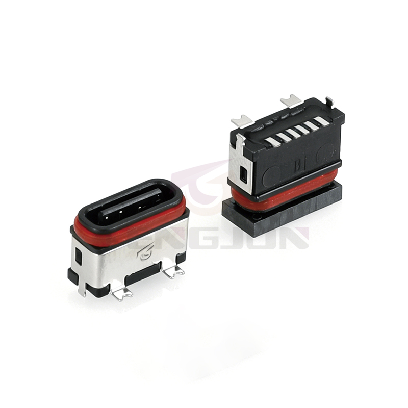 防水TYPE-C连接器 6PIN 板上立贴 H7.1 舌片外露0.35 2插2贴 IPX7