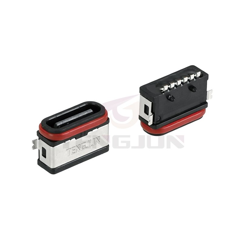 防水TYPE-C连接器 6PIN 板上卧贴 L6.7 双耳半圆脚带后柱 IPX7